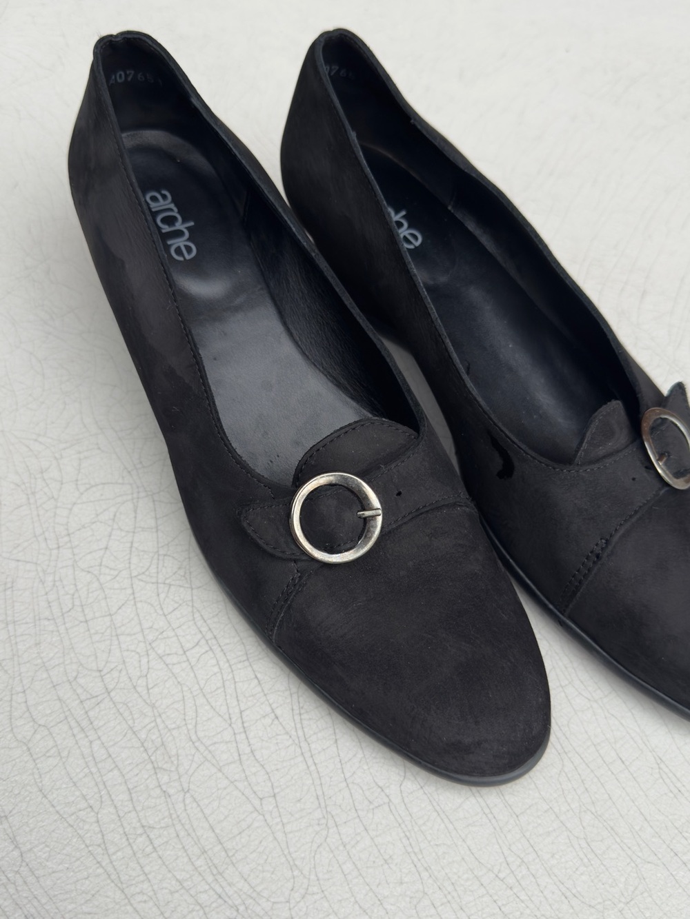 Arche Black Suede Loafers with Silver Round Buckle Sz 8.5/39
